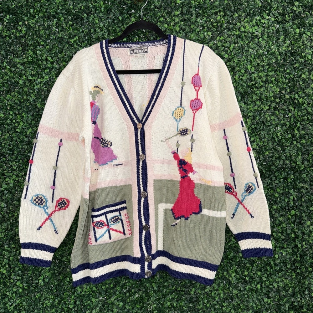 VTG 90s Berek Hand Knitted Tennis Sweater Size Large